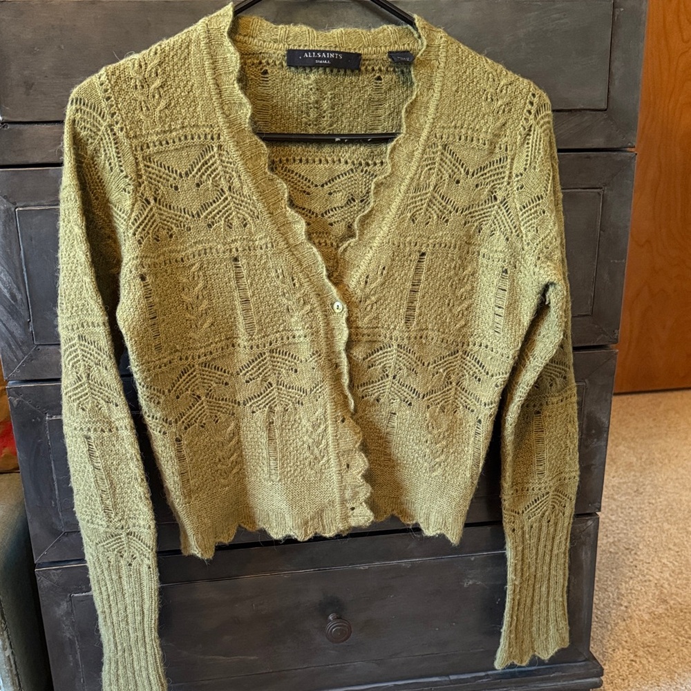 AllSaints Olive Green Knit Scallop-Edge Cardigan